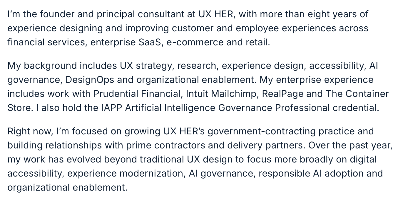 Community member introduction post from a UX consultant and founder building a government-contracting practice