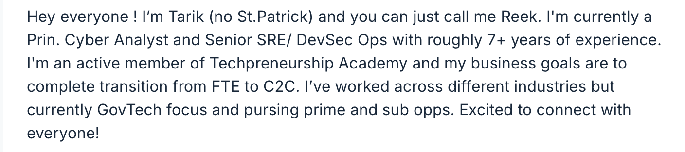 Community member introduction post from Tarik, a Principal Cyber Analyst and Senior SRE transitioning from FTE to C2C