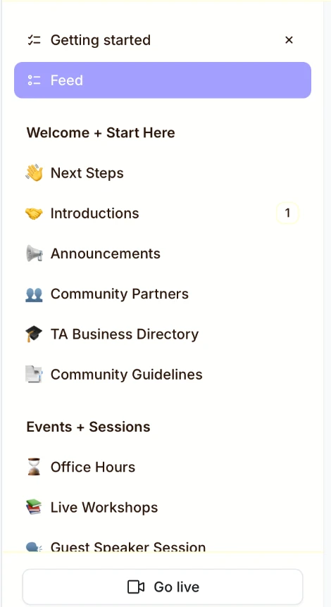 Techpreneurship Academy community spaces including introductions, announcements, business directory, and live workshops