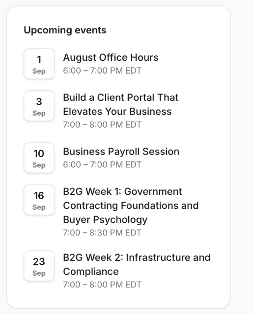 Upcoming Techpreneurship Academy events including office hours, payroll sessions, and B2G government contracting workshops