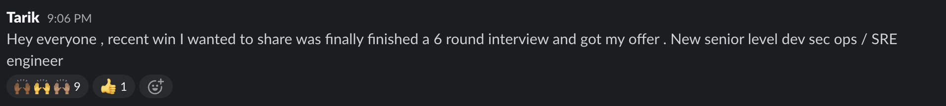 Community post from Tarik sharing a new senior level DevSecOps / SRE engineer offer after a six round interview